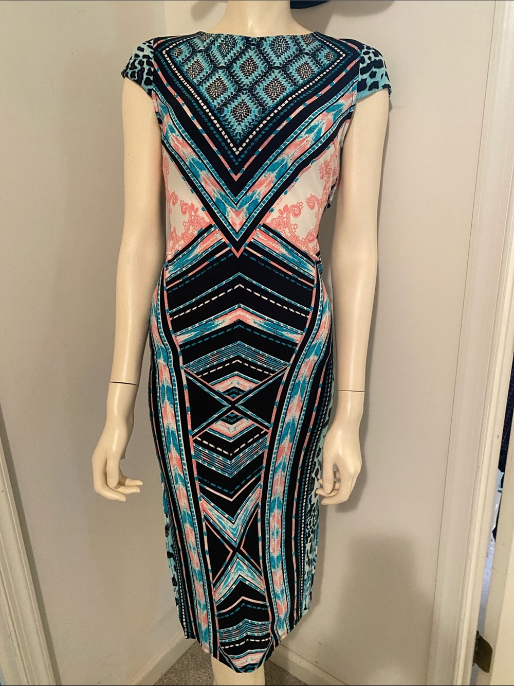 Rubber Ducky Productions Geometric Midi Dress in Teal, Black & Pink
